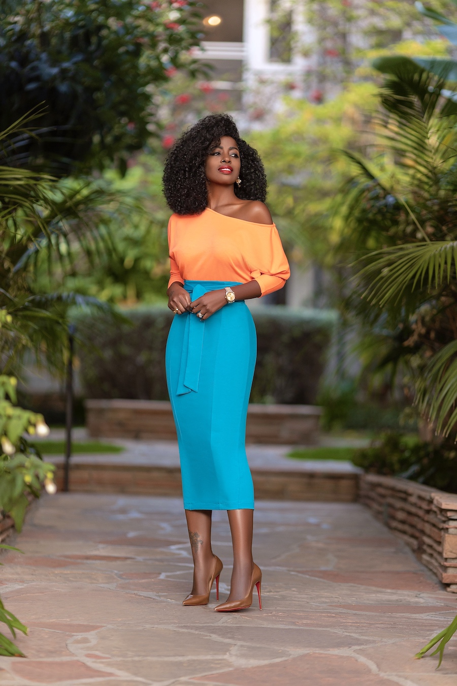Neon Off Shoulder Top + Belted Pencil Skirt – StylePantry