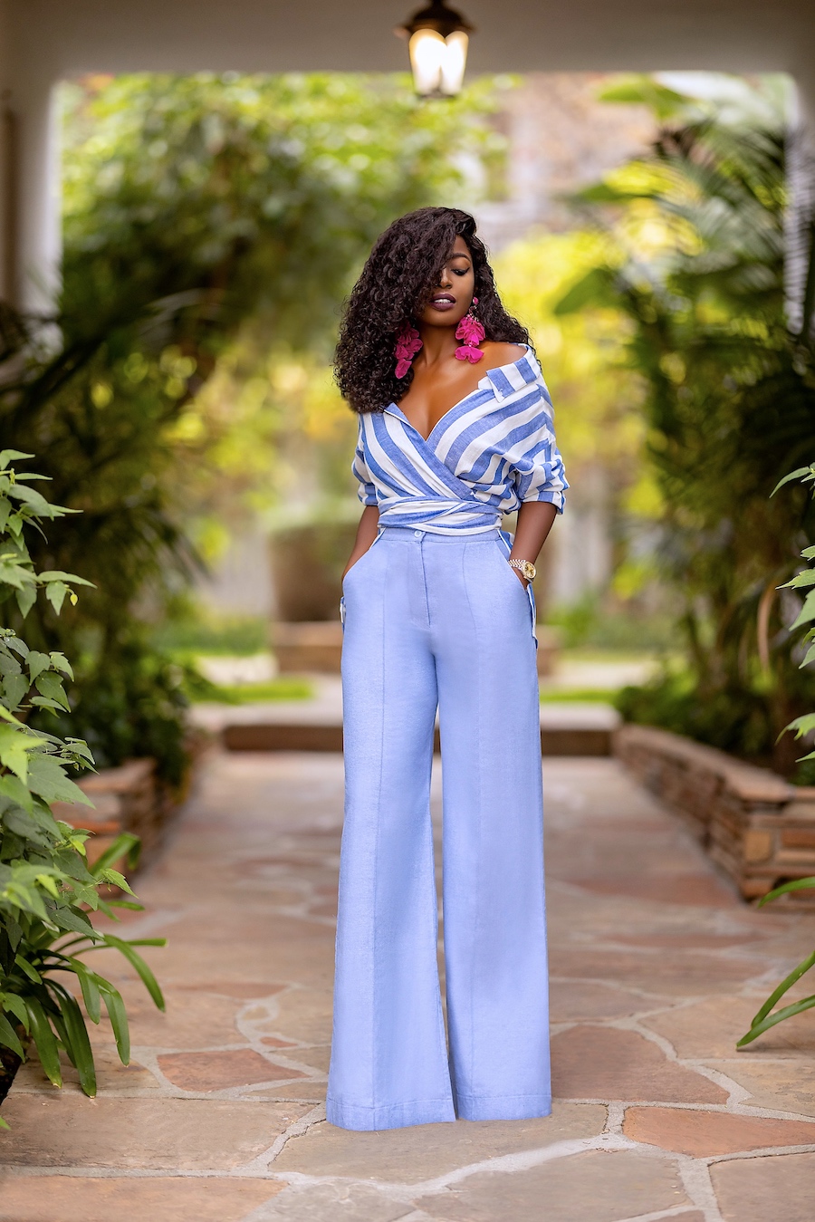 Stripe Off Shoulder Wrap Top + Chambray Pants – StylePantry