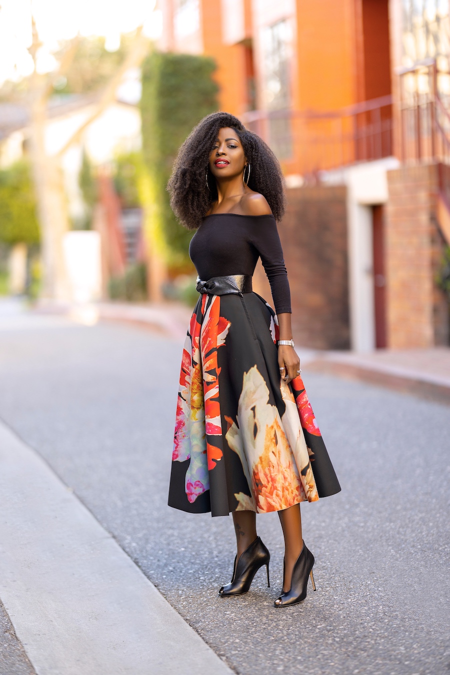 Off Shoulder Top + Floral Tea Length Skirt – StylePantry