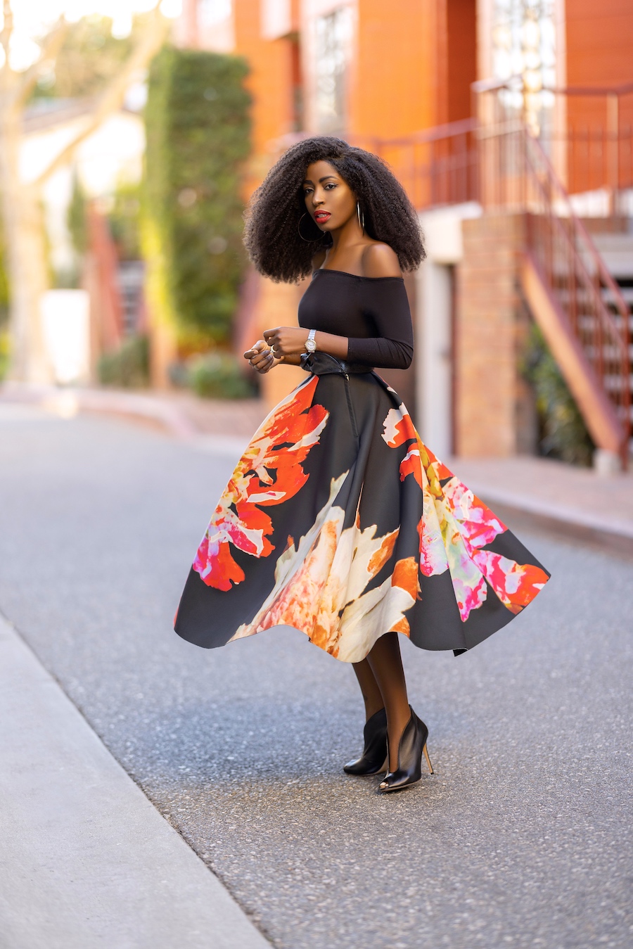 Off Shoulder Top + Floral Tea Length Skirt – StylePantry