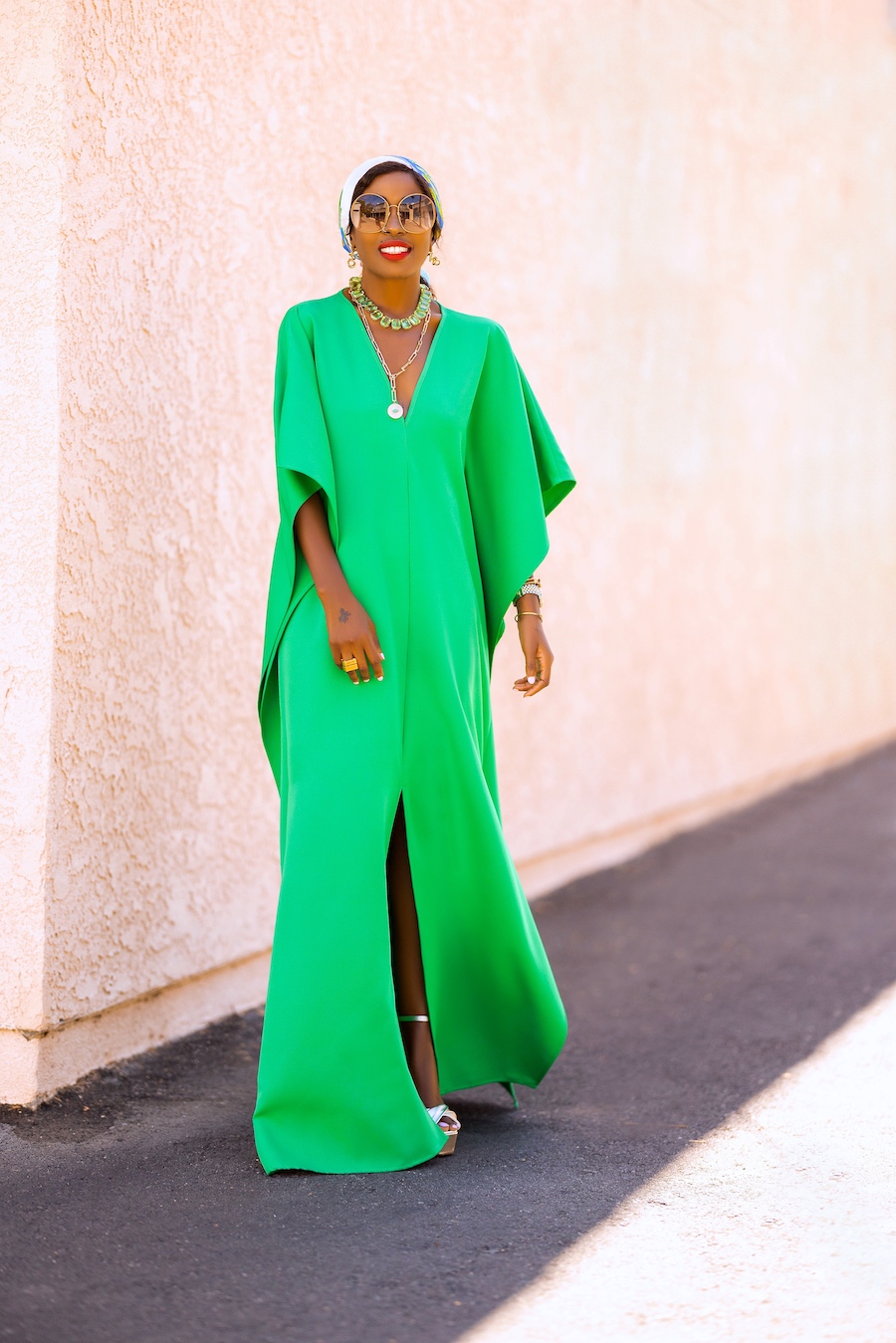 Green Maxi Kaftan With Slits – StylePantry