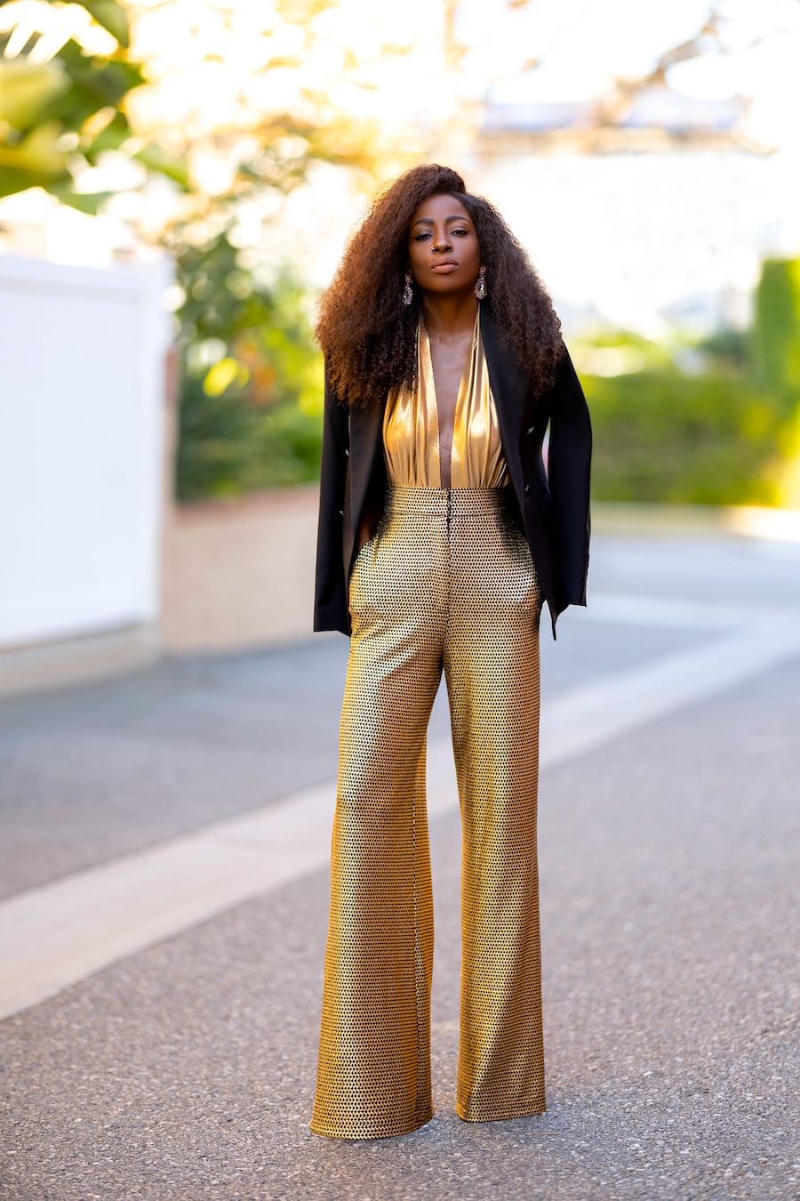 Blazer + Halter Top + Gold Pants – StylePantry